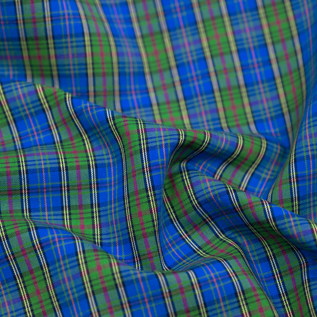 Deadstock Plaid Cotton Shirting - Cerulean/Grass | Blackbird Fabrics