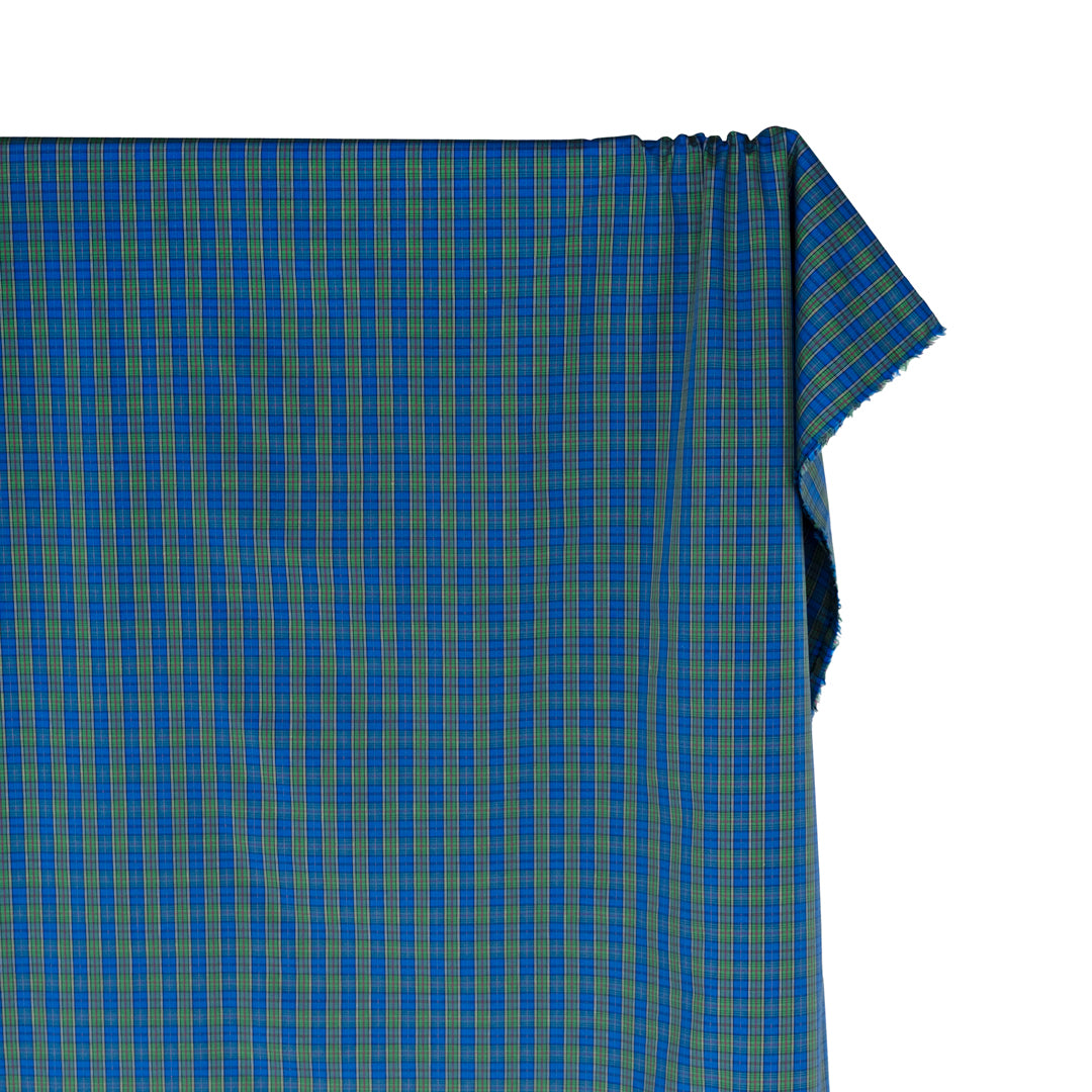 Deadstock Plaid Cotton Shirting - Cerulean/Grass | Blackbird Fabrics