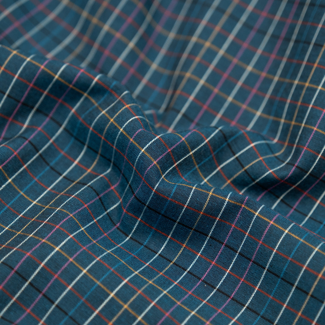 Deadstock Grid Cotton Shirting - Petrol/Multi | Blackbird Fabrics