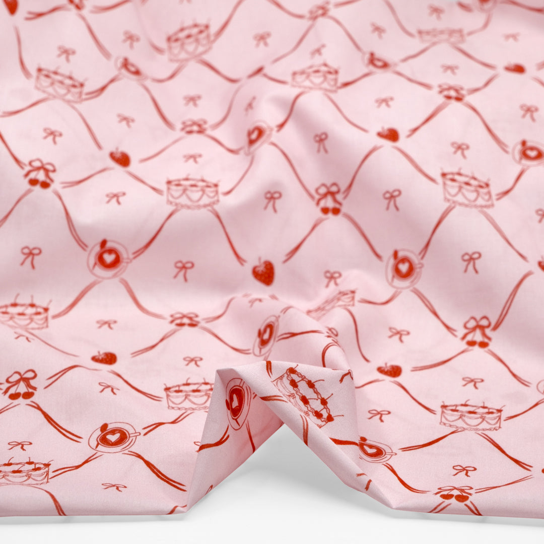 Live Laugh Cake Lightweight Cotton Lawn - Pale Pink/Crimson | Blackbird Fabrics