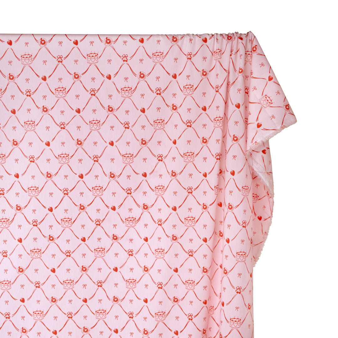 Live Laugh Cake Lightweight Cotton Lawn - Pale Pink/Crimson | Blackbird Fabrics