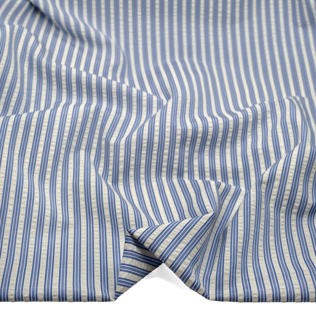 Medley Stripe Poly Cotton Seersucker - Cornflower | Blackbird Fabrics