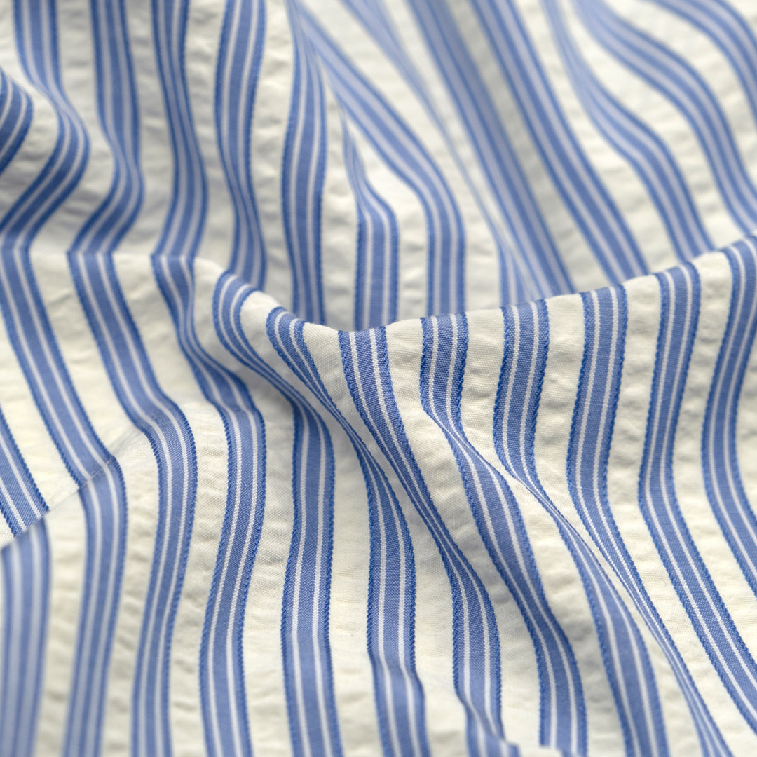 Medley Stripe Poly Cotton Seersucker - Cornflower | Blackbird Fabrics