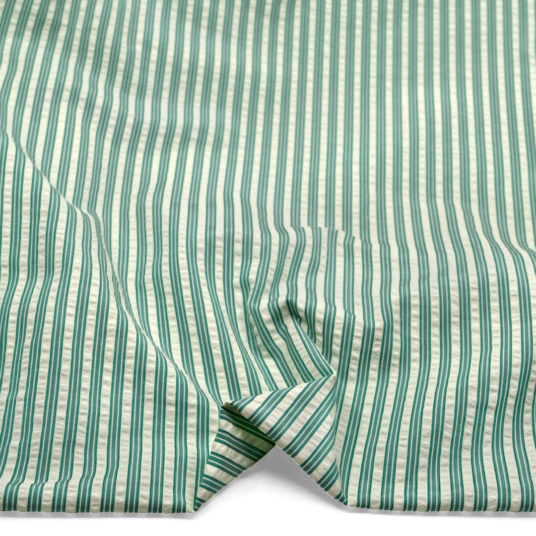 Medley Stripe Poly Cotton Seersucker - Viridian | Blackbird Fabrics