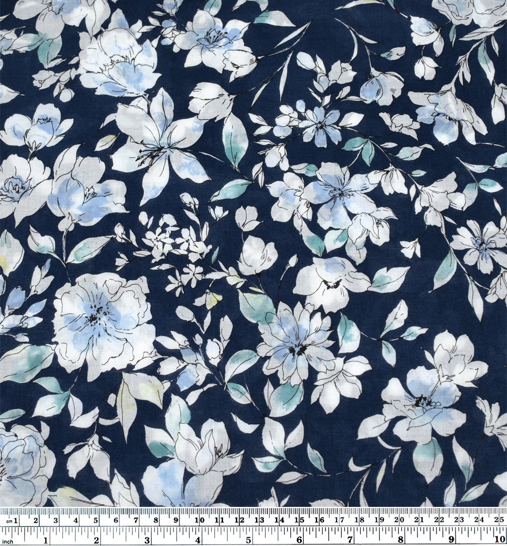 Sketched Floral Cotton Lawn - Navy/White/Sky | Blackbird Fabrics