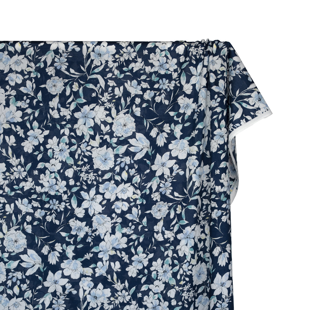 Sketched Floral Cotton Lawn - Navy/White/Sky | Blackbird Fabrics