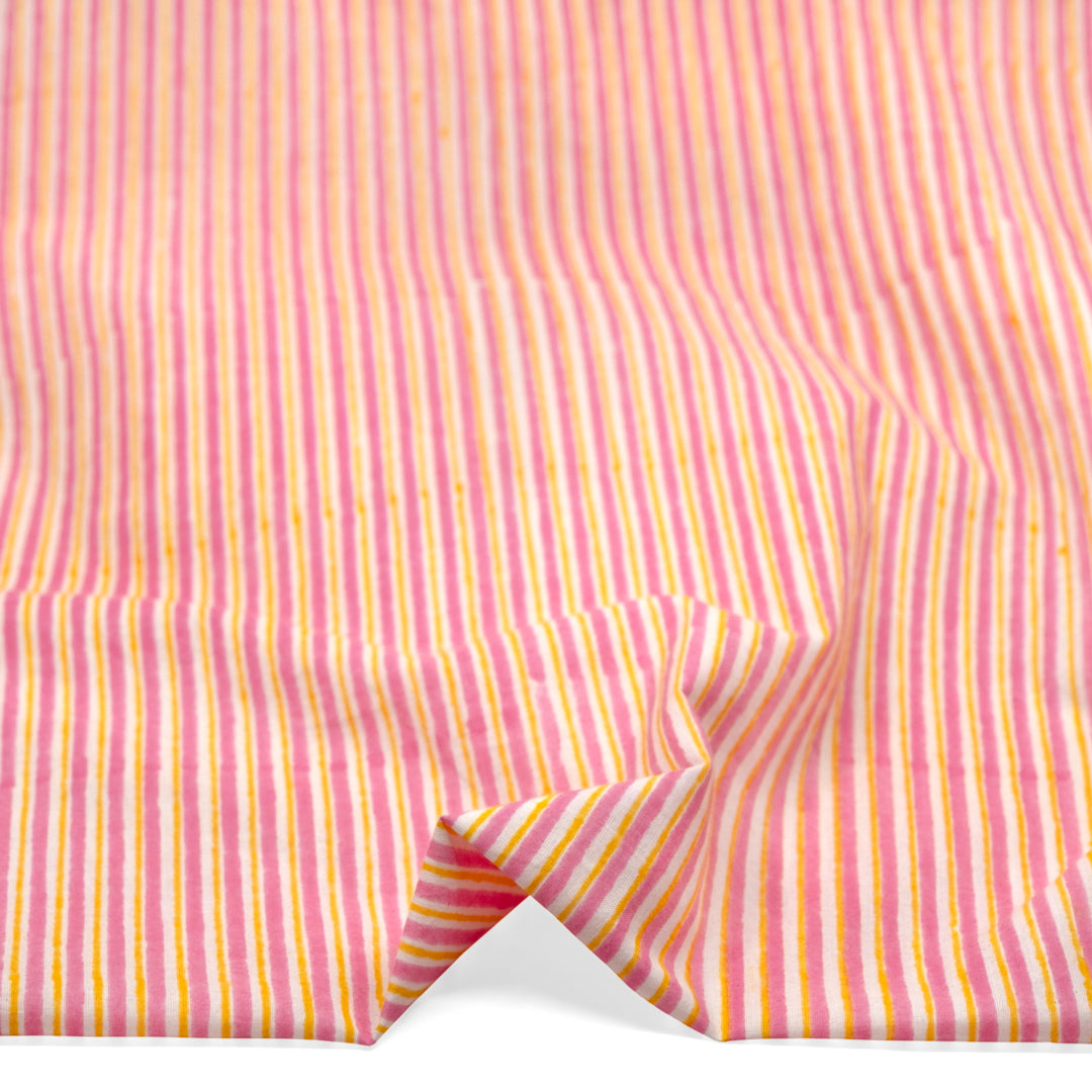 Striped Block Printed Organic Cotton Batiste - Candy Pink/Lemon | Blackbird Fabrics