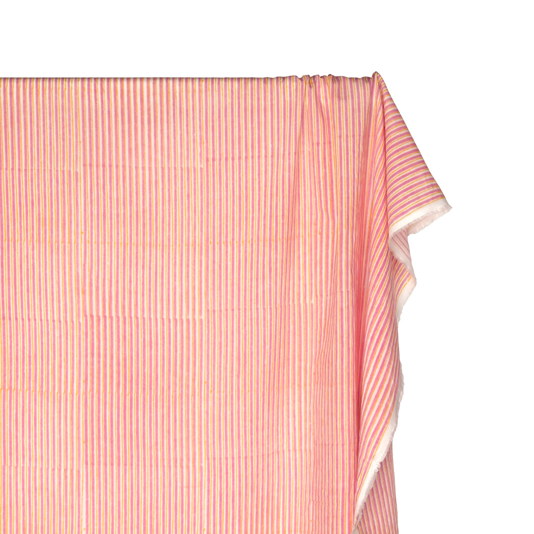 Striped Block Printed Organic Cotton Batiste - Candy Pink/Lemon | Blackbird Fabrics