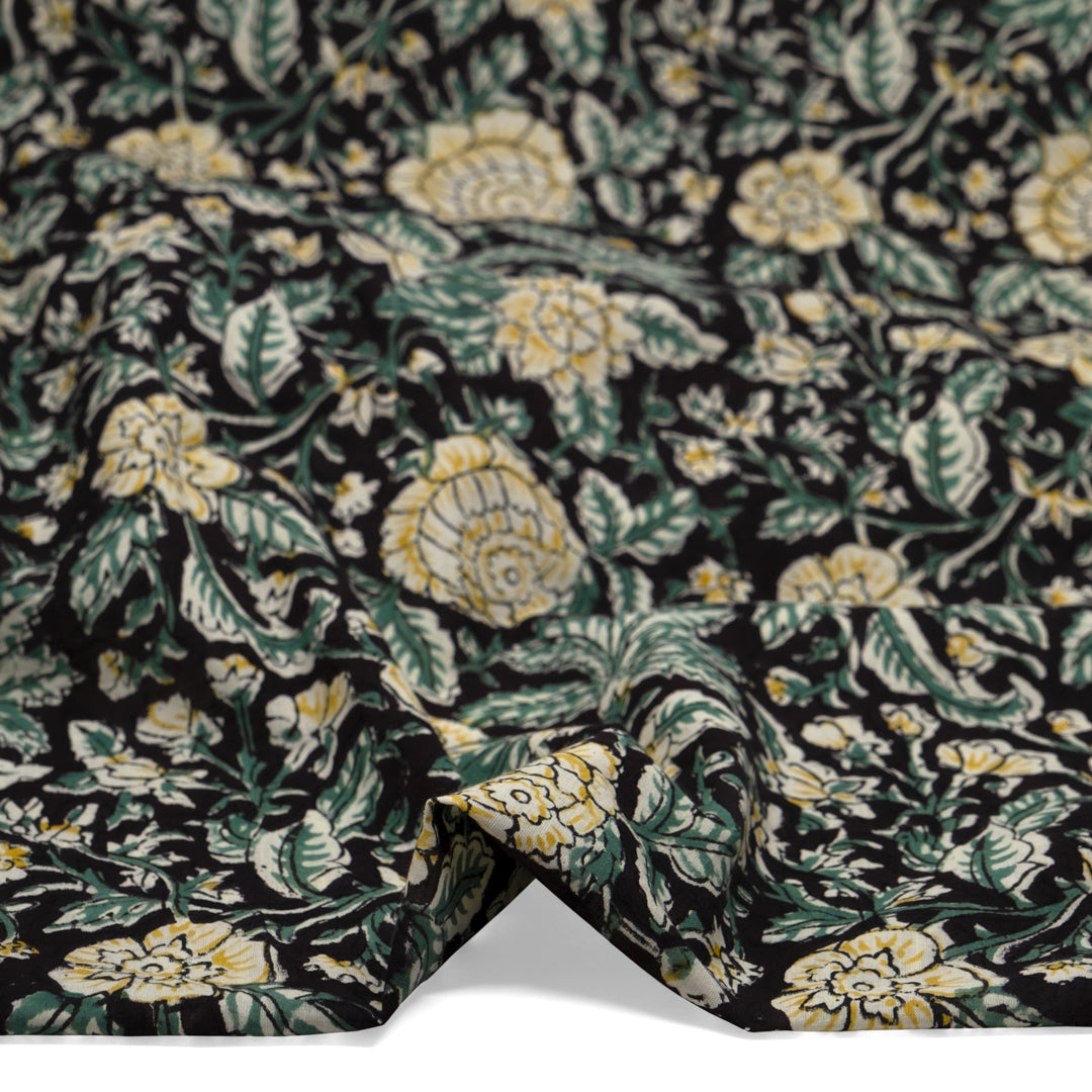 Tapestry Block Printed Organic Cotton Batiste - Black/Jade/Hay | Blackbird Fabrics