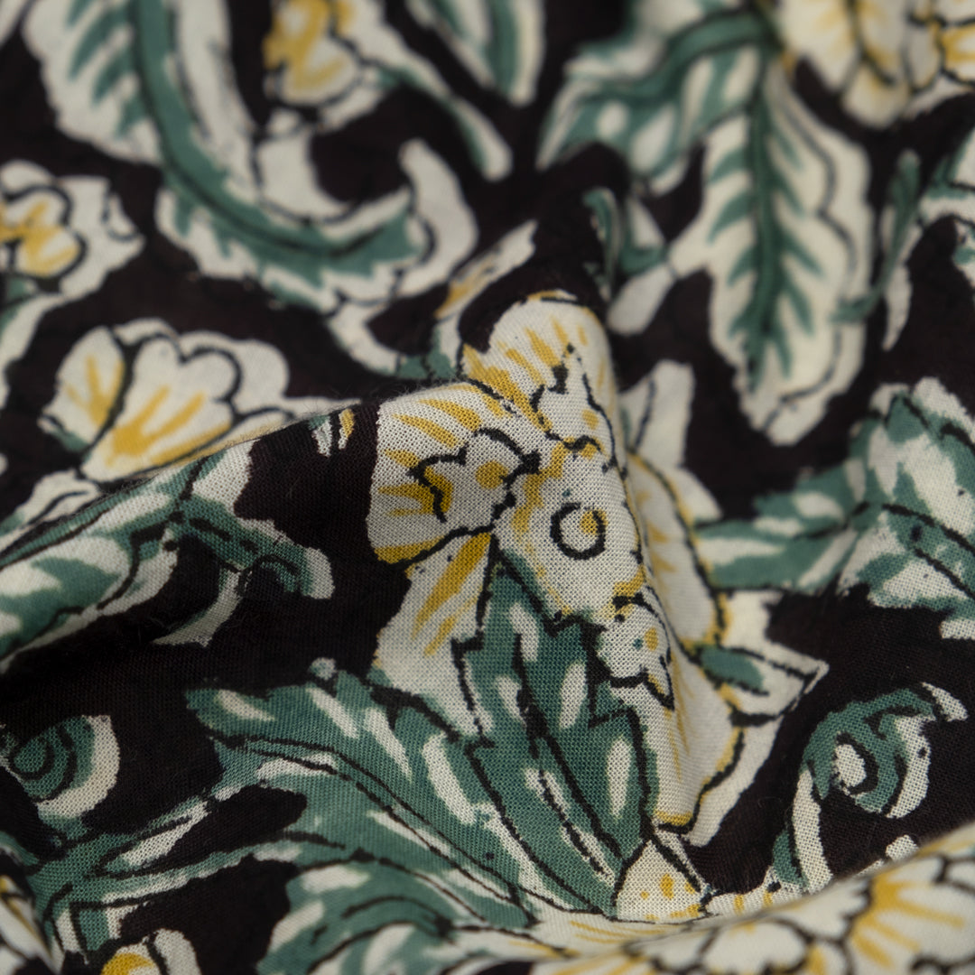 Tapestry Block Printed Organic Cotton Batiste - Black/Jade/Hay | Blackbird Fabrics