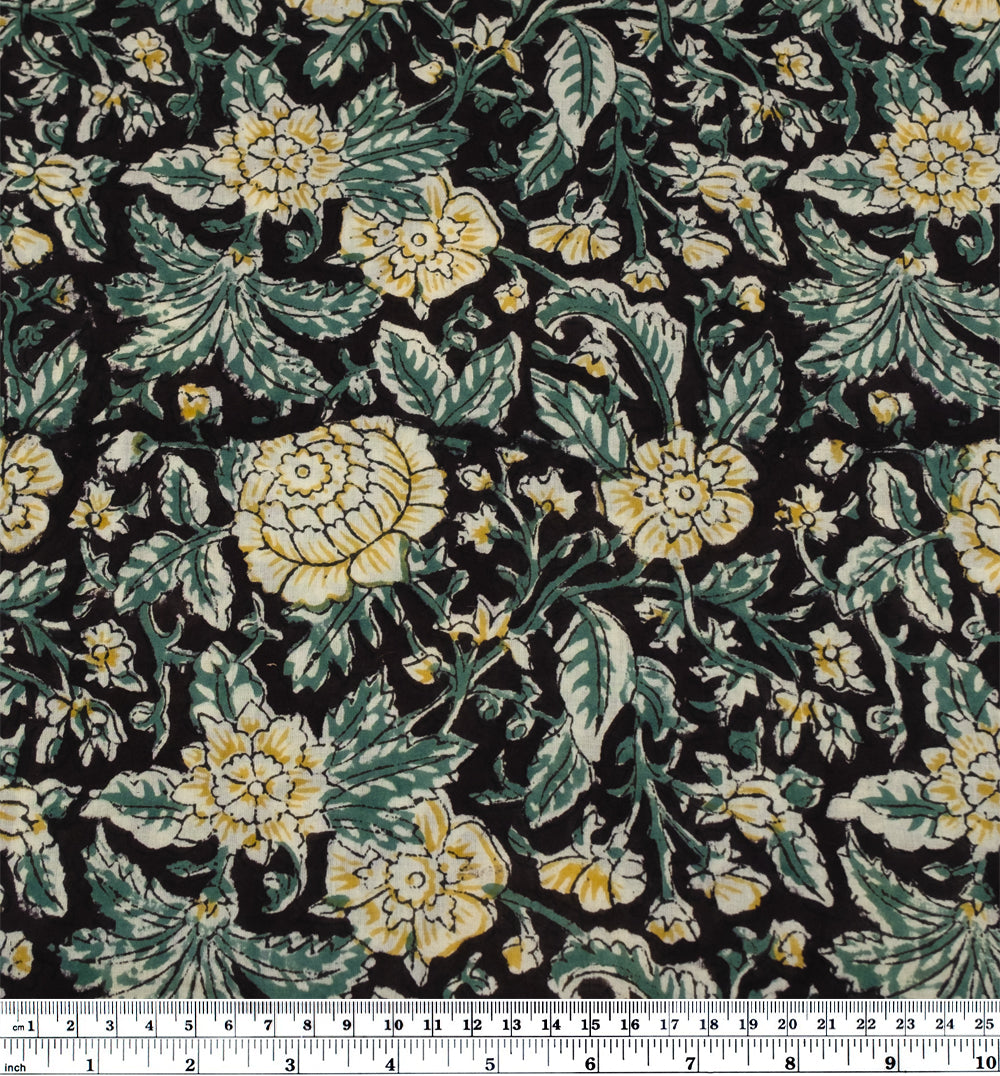 Tapestry Block Printed Organic Cotton Batiste - Black/Jade/Hay | Blackbird Fabrics