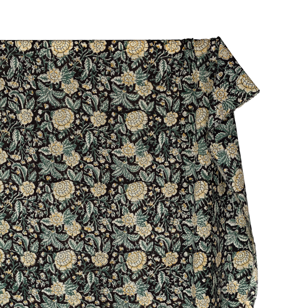 Tapestry Block Printed Organic Cotton Batiste - Black/Jade/Hay | Blackbird Fabrics