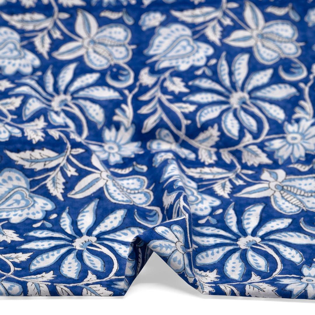 Tapestry Block Printed Organic Cotton Batiste - Cobalt/Sky/White | Blackbird Fabrics