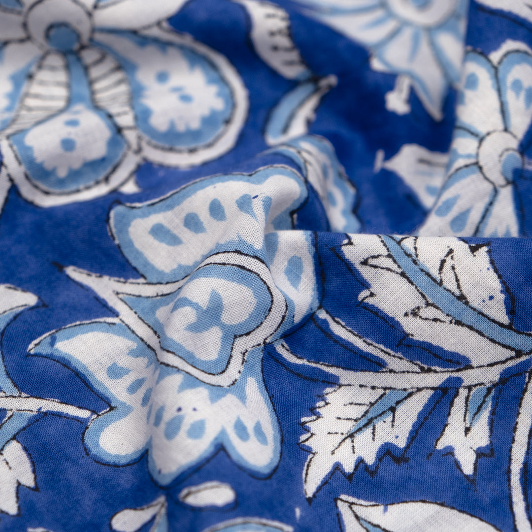 Tapestry Block Printed Organic Cotton Batiste - Cobalt/Sky/White | Blackbird Fabrics