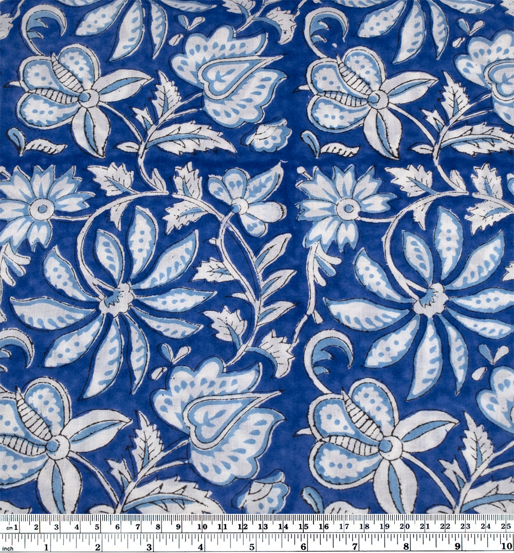 Tapestry Block Printed Organic Cotton Batiste - Cobalt/Sky/White | Blackbird Fabrics