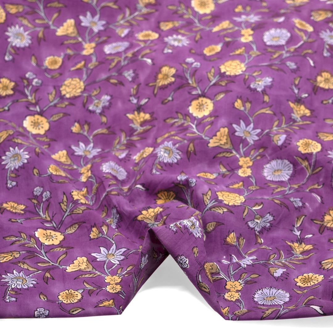 Tapestry Block Printed Organic Cotton Batiste - Cyclamen/Hay/Dove | Blackbird Fabrics