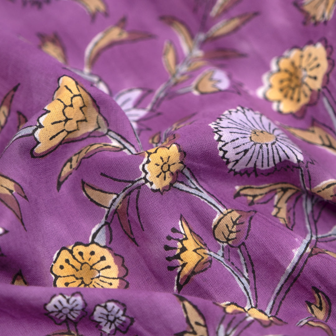 Tapestry Block Printed Organic Cotton Batiste - Cyclamen/Hay/Dove | Blackbird Fabrics