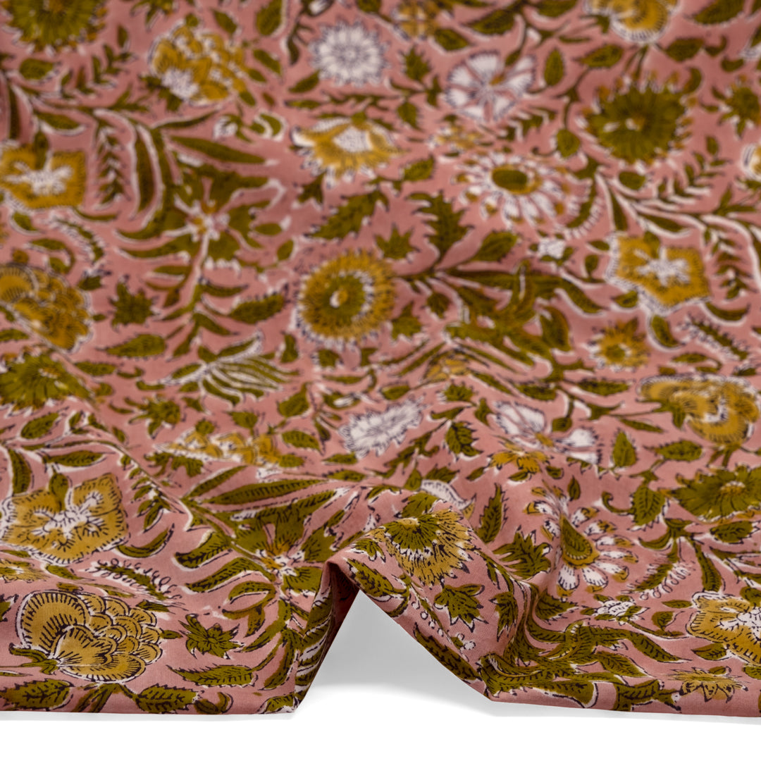 Tapestry Block Printed Organic Cotton Batiste - Dusty Rose/Elmwood | Blackbird Fabrics