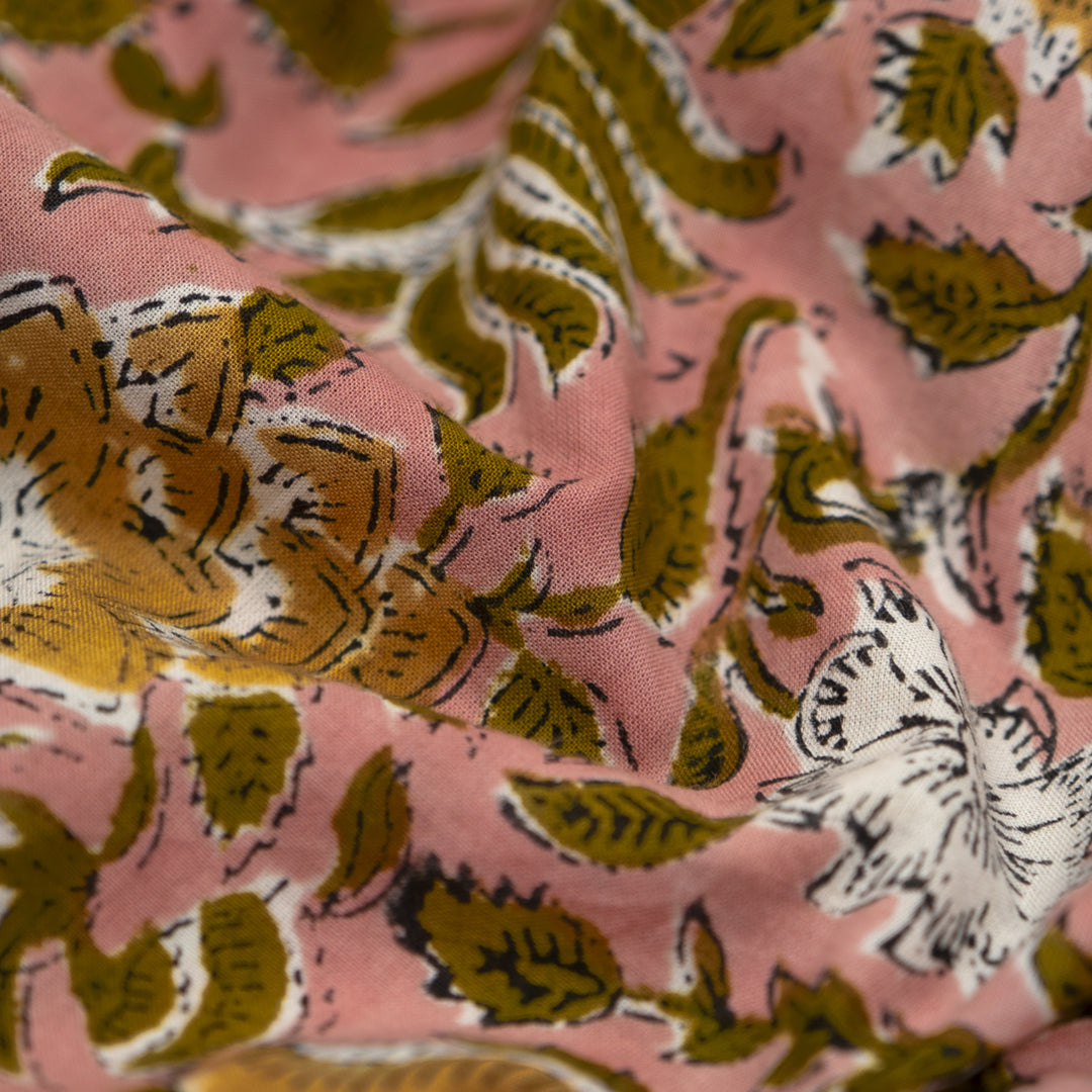 Tapestry Block Printed Organic Cotton Batiste - Dusty Rose/Elmwood | Blackbird Fabrics