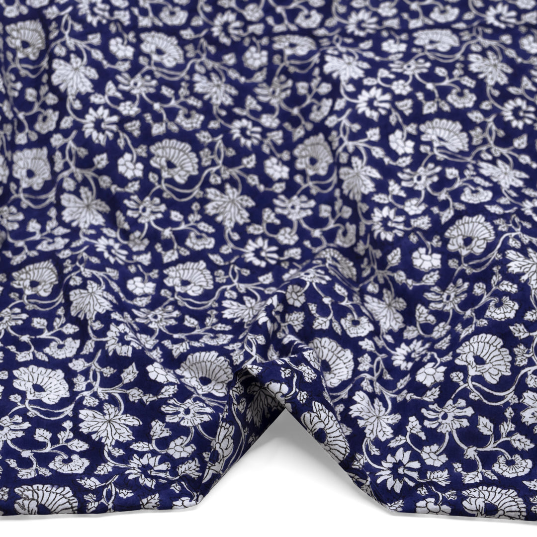Tapestry Block Printed Organic Cotton Batiste - Indigo/White | Blackbird Fabrics