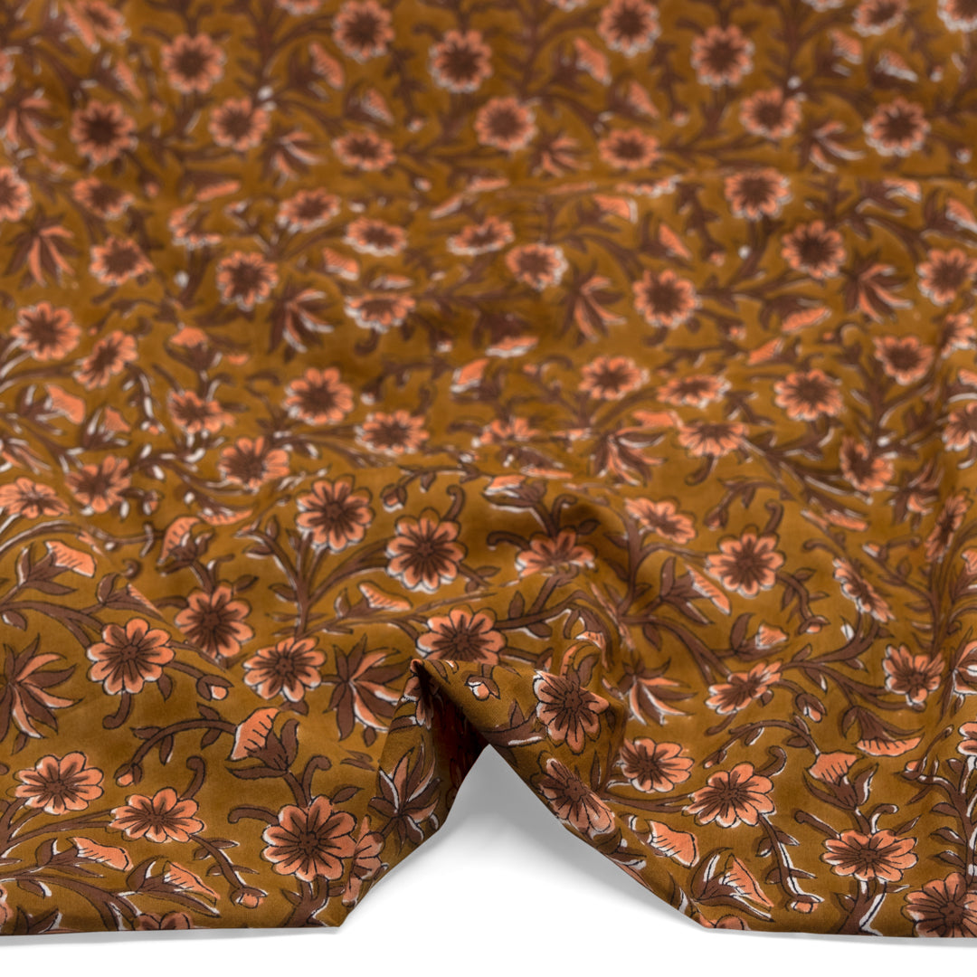 Tapestry Block Printed Organic Cotton Batiste - Ochre/Pinecone/Papaya | Blackbird Fabrics