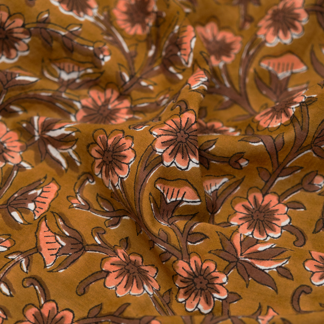 Tapestry Block Printed Organic Cotton Batiste - Ochre/Pinecone/Papaya | Blackbird Fabrics