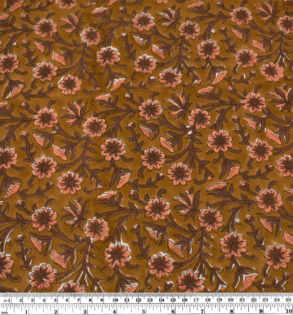 Tapestry Block Printed Organic Cotton Batiste - Ochre/Pinecone/Papaya | Blackbird Fabrics