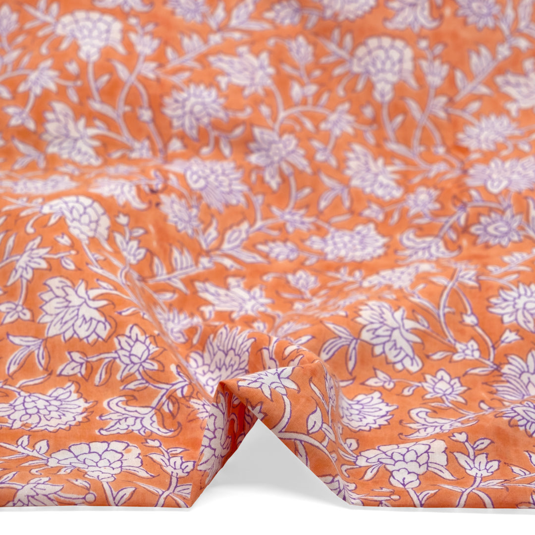 Tapestry Block Printed Organic Cotton Batiste - Papaya/Bellflower/White | Blackbird Fabrics