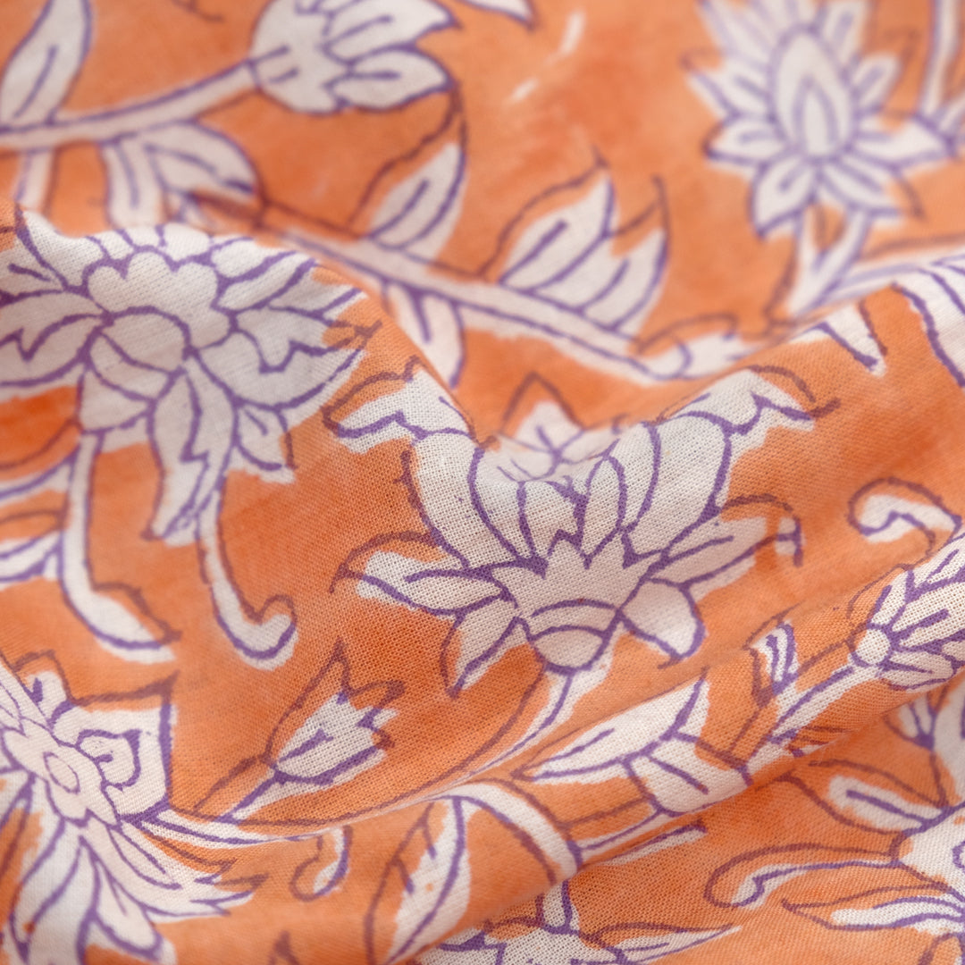 Tapestry Block Printed Organic Cotton Batiste - Papaya/Bellflower/White | Blackbird Fabrics