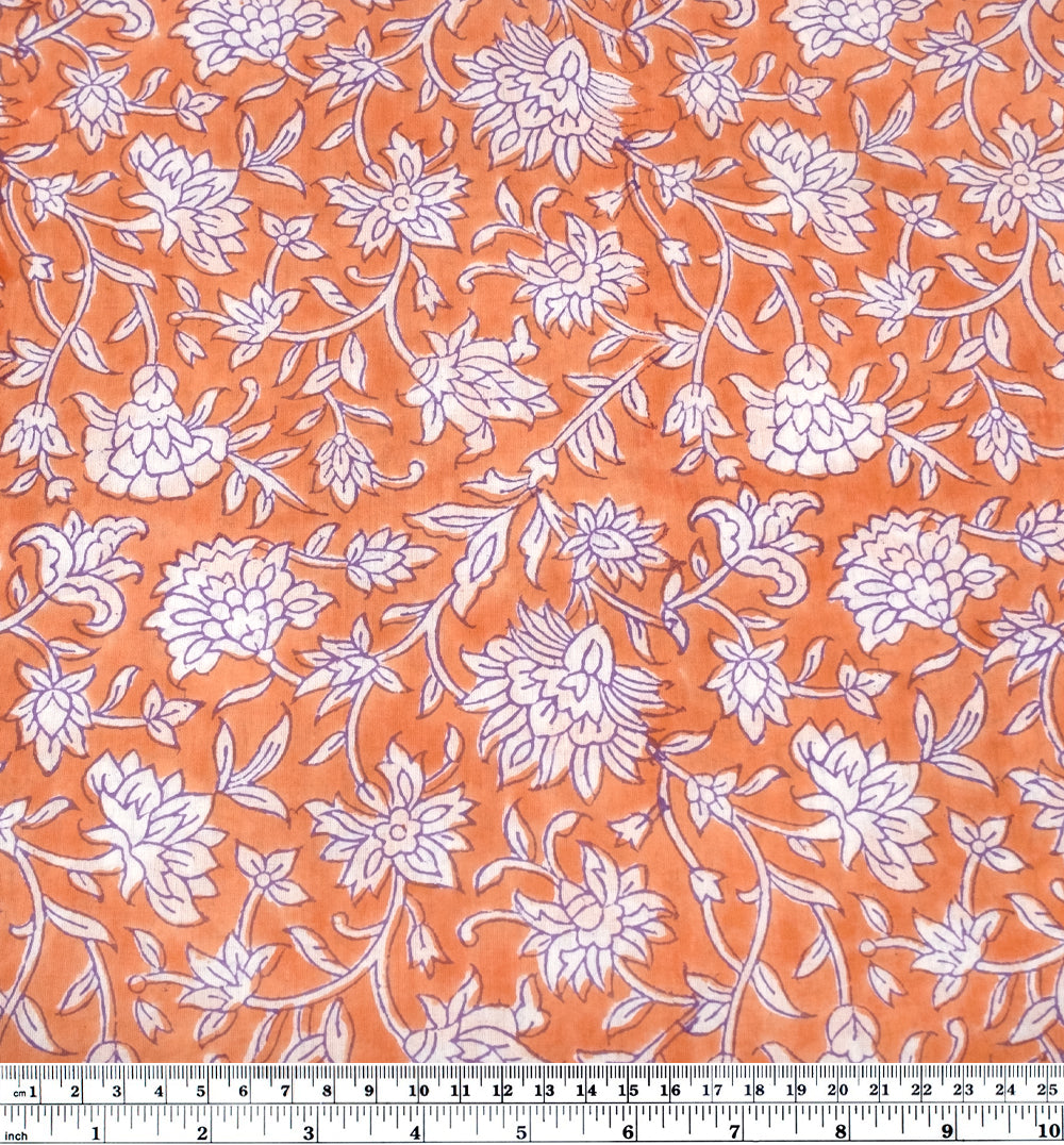Tapestry Block Printed Organic Cotton Batiste - Papaya/Bellflower/White | Blackbird Fabrics