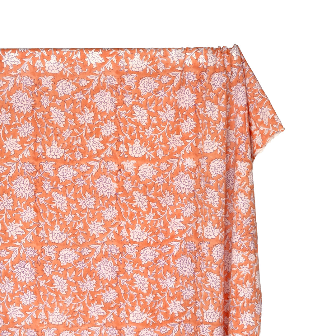 Tapestry Block Printed Organic Cotton Batiste - Papaya/Bellflower/White | Blackbird Fabrics