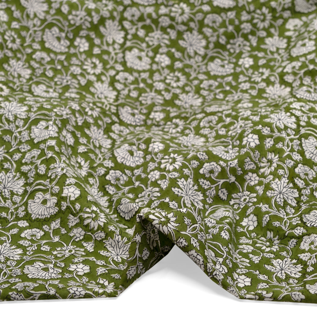 Tapestry Block Printed Organic Cotton Batiste - Pickle/Ivory | Blackbird Fabrics
