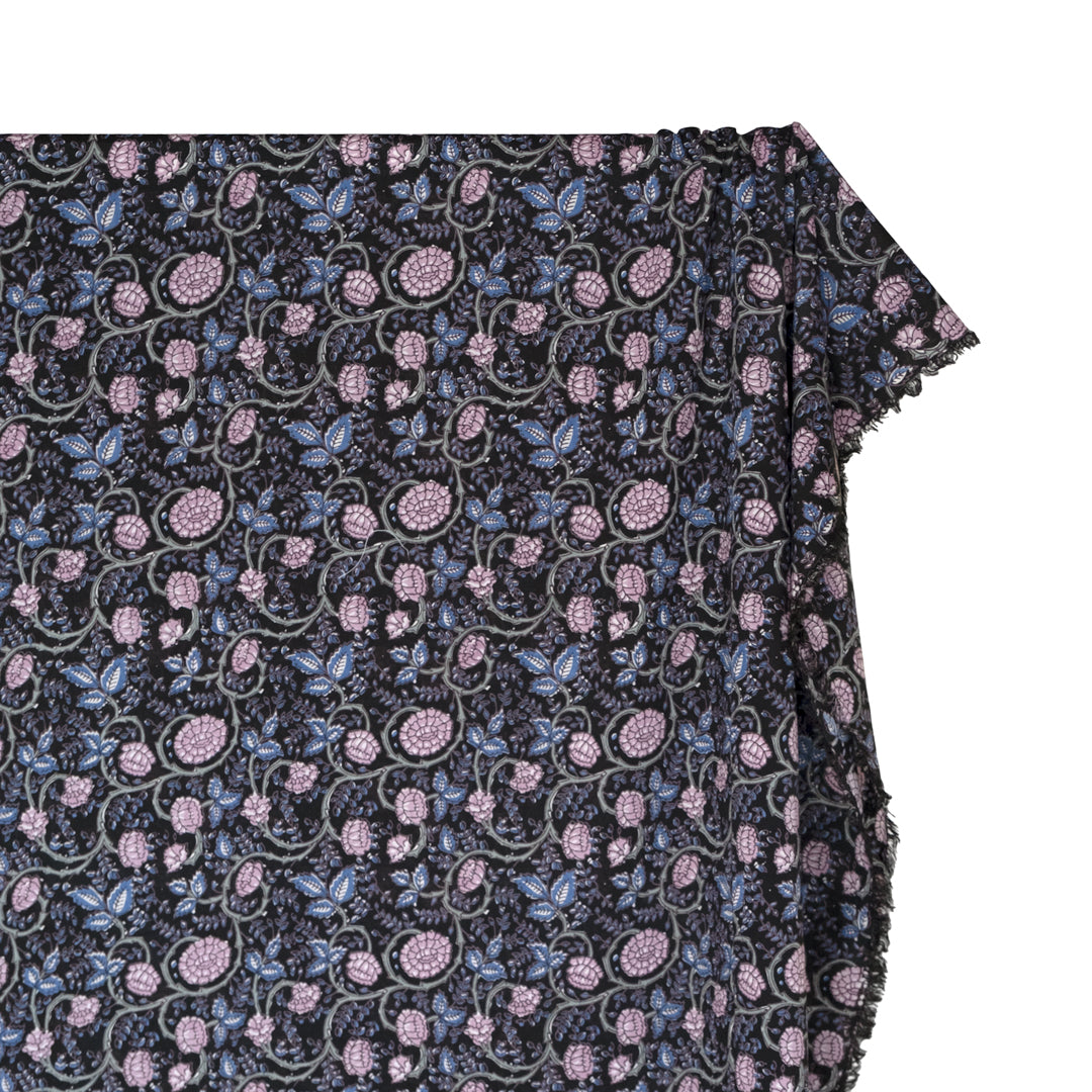 Tapestry Block Printed Organic Cotton Batiste - Vintage Black/Ocean/Thistle | Blackbird Fabrics