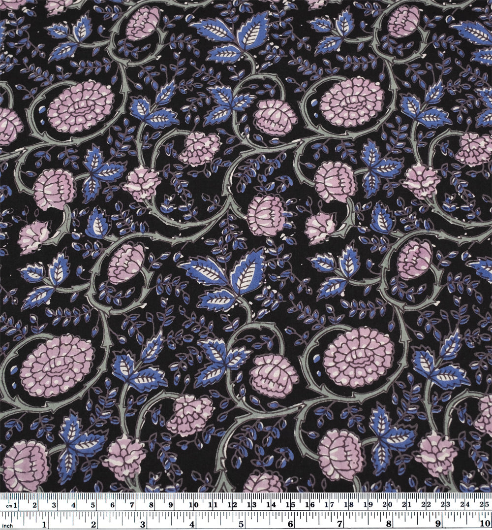 Tapestry Block Printed Organic Cotton Batiste - Vintage Black/Ocean/Thistle | Blackbird Fabrics