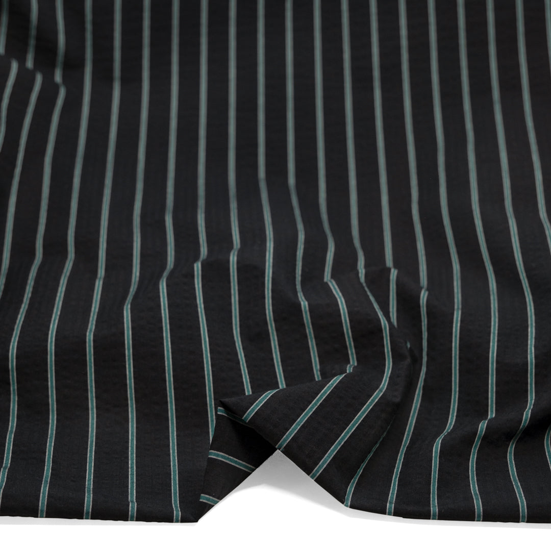 Tram Stripe Crinkle Cotton Shirting - Black/Teal | Blackbird Fabrics