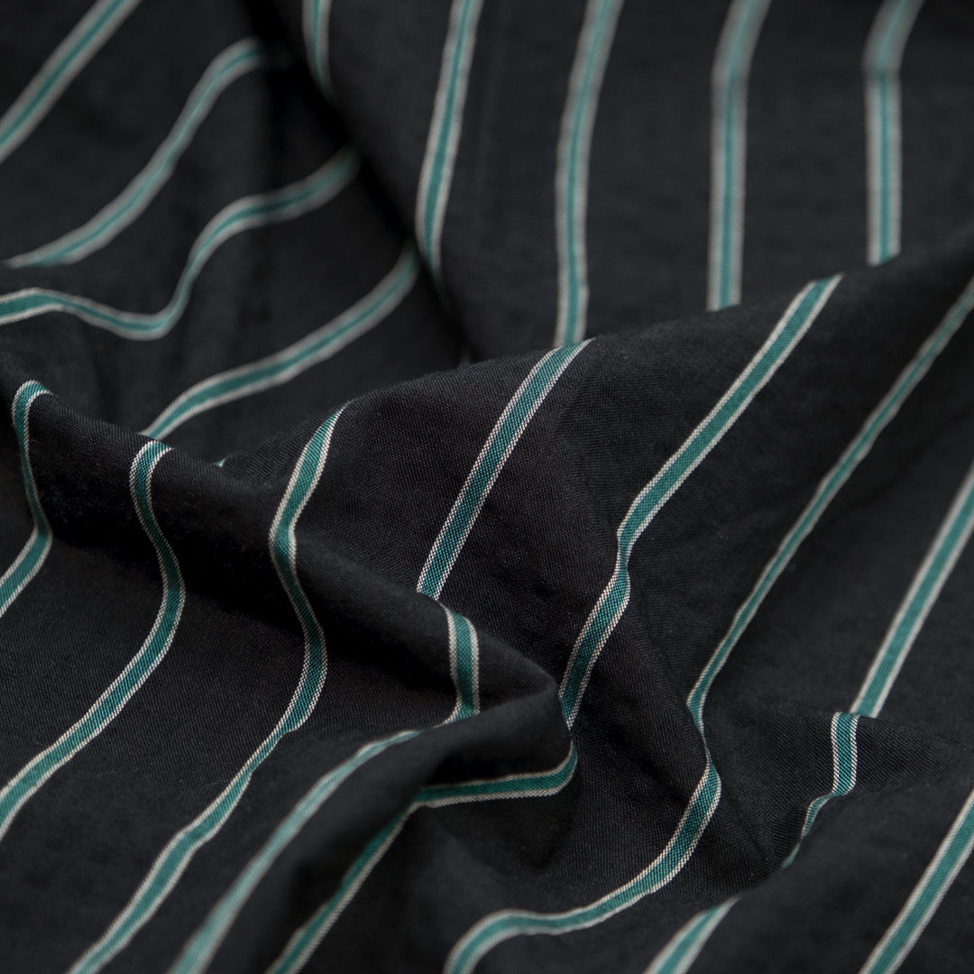 Tram Stripe Crinkle Cotton Shirting - Black/Teal | Blackbird Fabrics