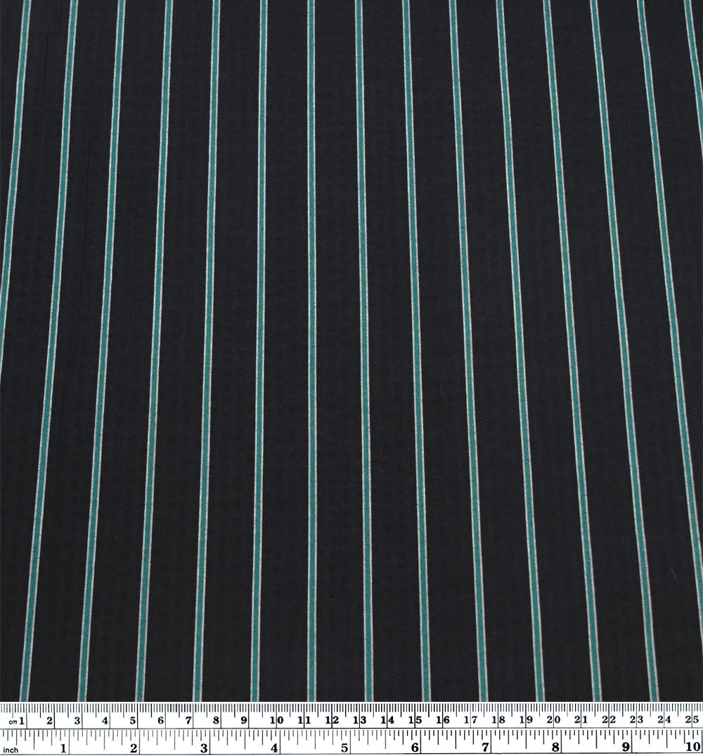 Tram Stripe Crinkle Cotton Shirting - Black/Teal | Blackbird Fabrics