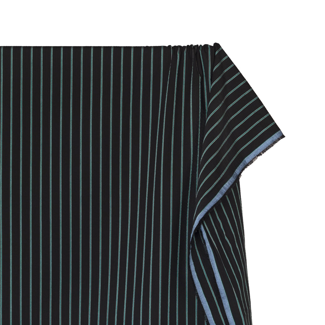 Tram Stripe Crinkle Cotton Shirting - Black/Teal | Blackbird Fabrics