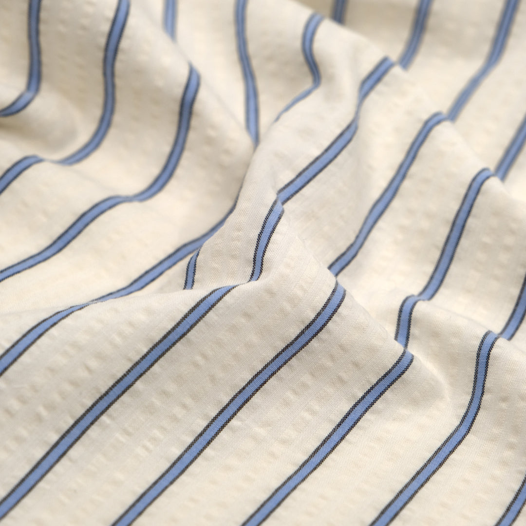 Tram Stripe Crinkle Cotton Shirting - Ivory/Cornflower | Blackbird Fabrics