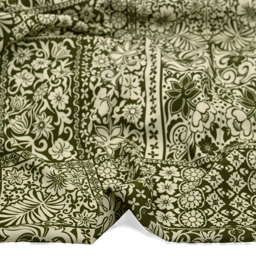 Tuscan Tiles Printed Viscose Challis - Kale/Ivory | Blackbird Fabrics