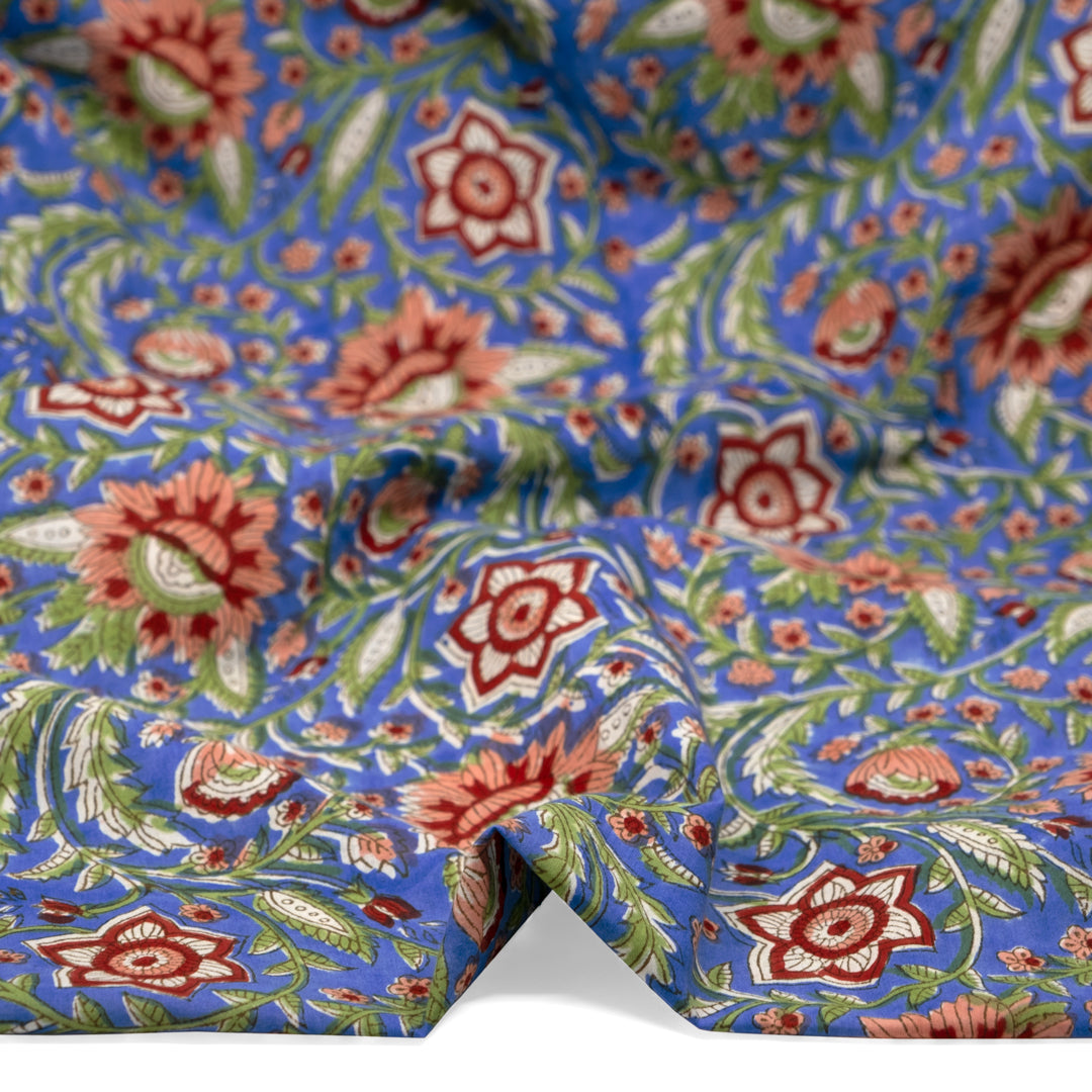 Vine Block Printed Organic Cotton Batiste - Cerulean/Leaf Green/Crimson | Blackbird Fabrics