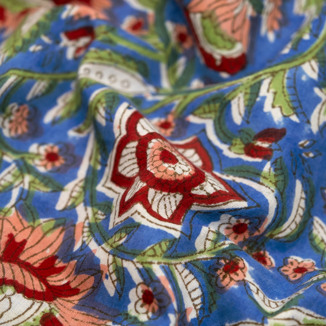Vine Block Printed Organic Cotton Batiste - Cerulean/Leaf Green/Crimson | Blackbird Fabrics