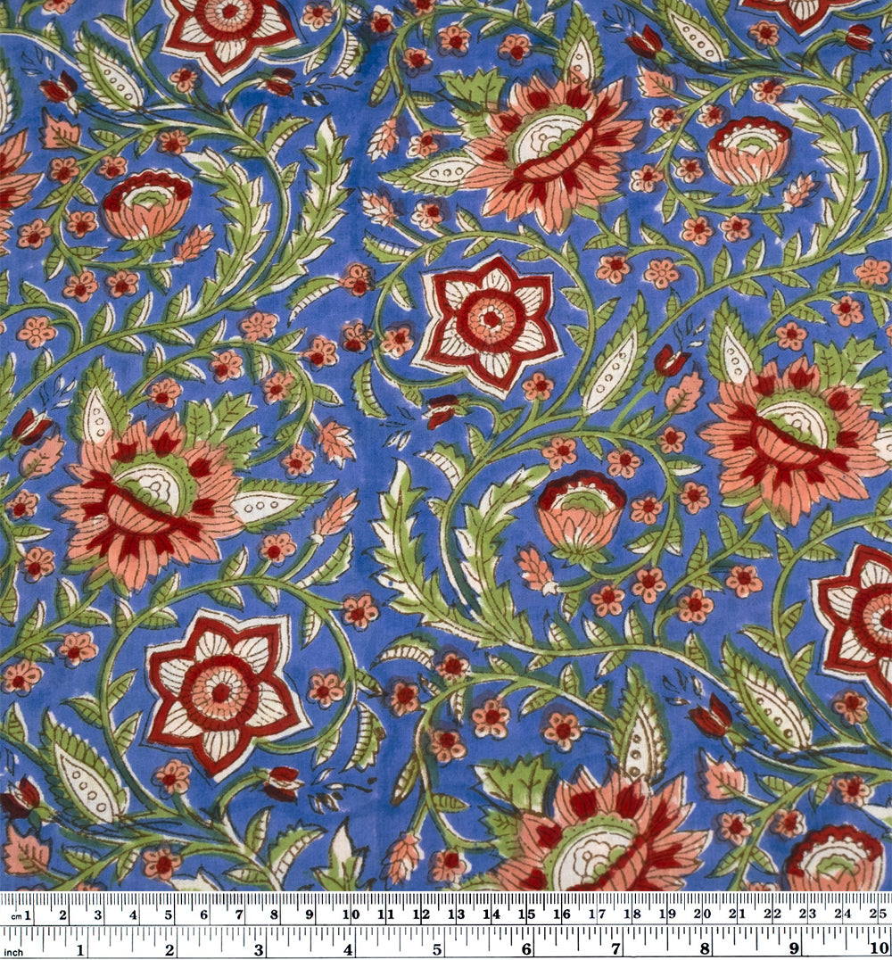 Vine Block Printed Organic Cotton Batiste - Cerulean/Leaf Green/Crimson | Blackbird Fabrics