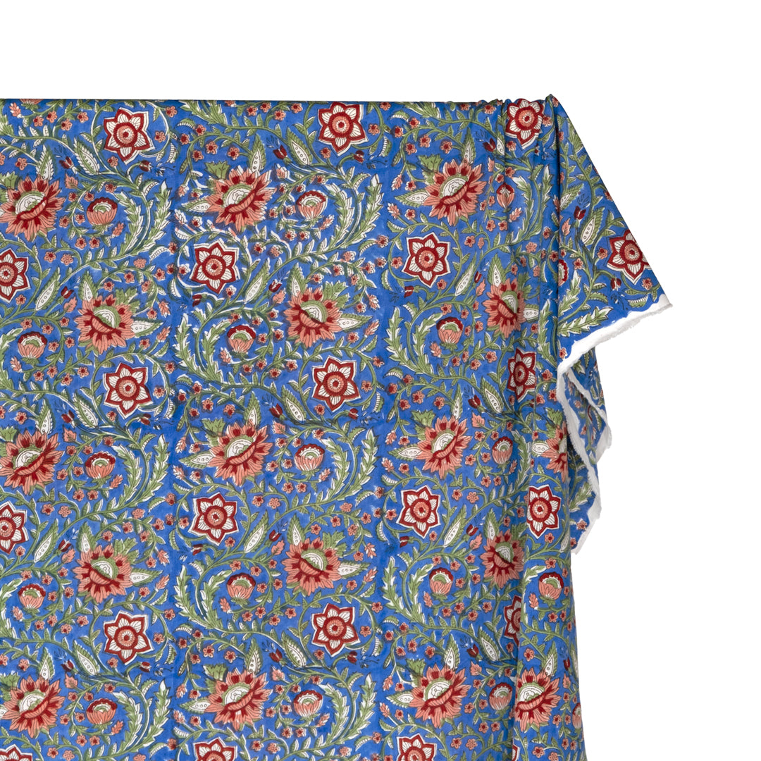 Vine Block Printed Organic Cotton Batiste - Cerulean/Leaf Green/Crimson | Blackbird Fabrics