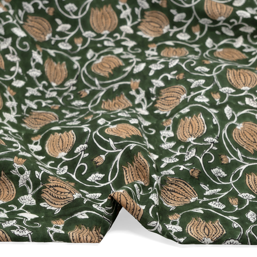 Vine Block Printed Organic Cotton Batiste - Forest/Crimini/White | Blackbird Fabrics