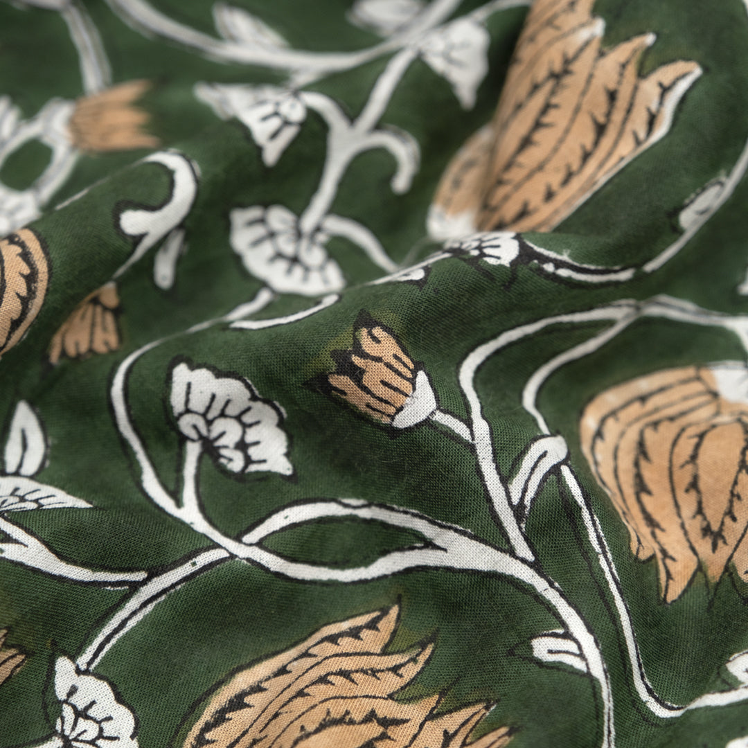 Vine Block Printed Organic Cotton Batiste - Forest/Crimini/White | Blackbird Fabrics