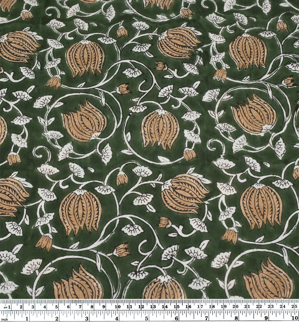 Vine Block Printed Organic Cotton Batiste - Forest/Crimini/White | Blackbird Fabrics