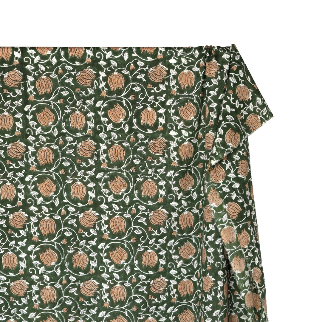 Vine Block Printed Organic Cotton Batiste - Forest/Crimini/White | Blackbird Fabrics