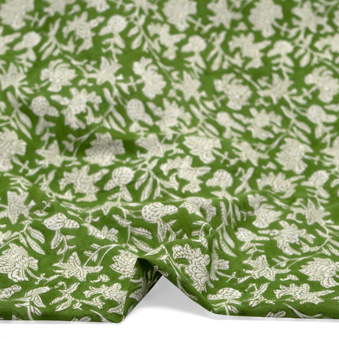 Vine Block Printed Organic Cotton Batiste - Grass/White | Blackbird Fabrics