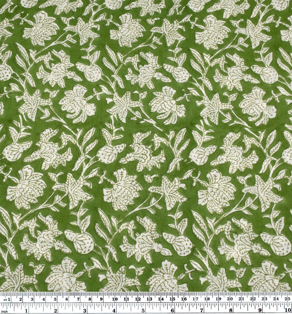 Vine Block Printed Organic Cotton Batiste - Grass/White | Blackbird Fabrics